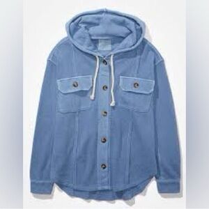 American Eagle Waffle Knit Blue Hooded Button-Up Hoodie
